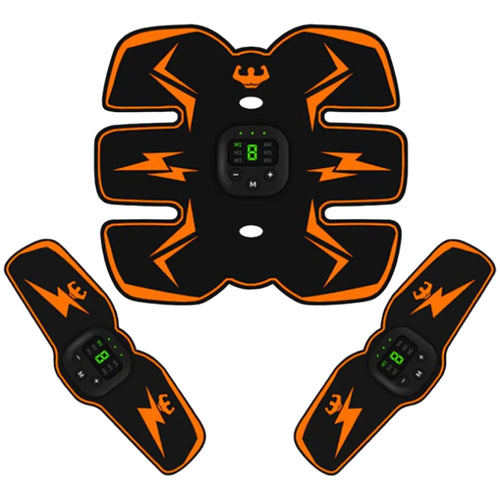 Black and orange electronic muscle stimulator with digital display on a white background