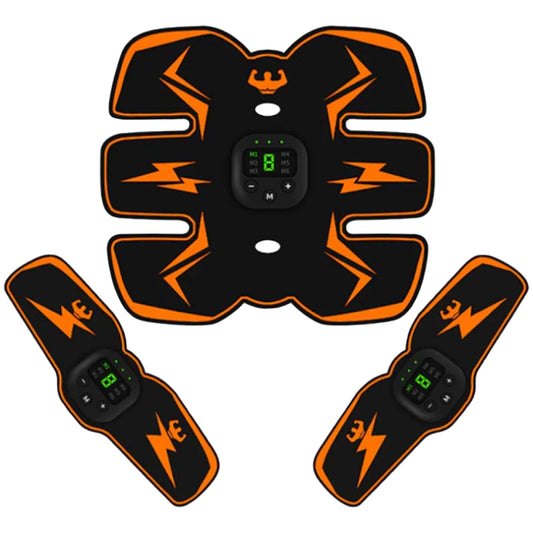 Black and orange electronic muscle stimulator with digital display on a white background